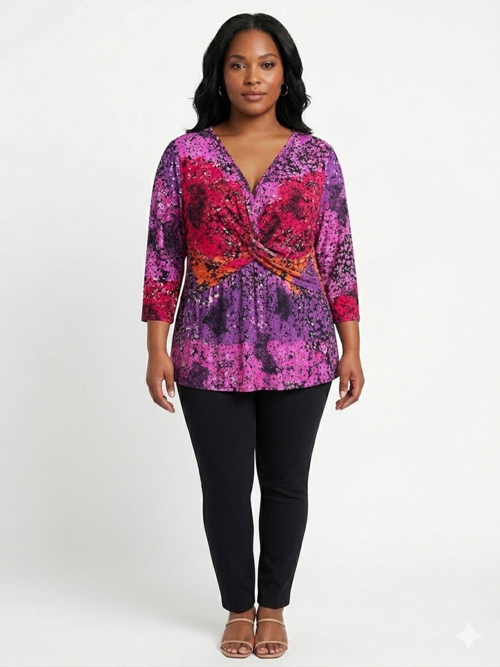 One World NWOT Faux Wrap Drapey Stretchy Longer Top Comfy Colorful